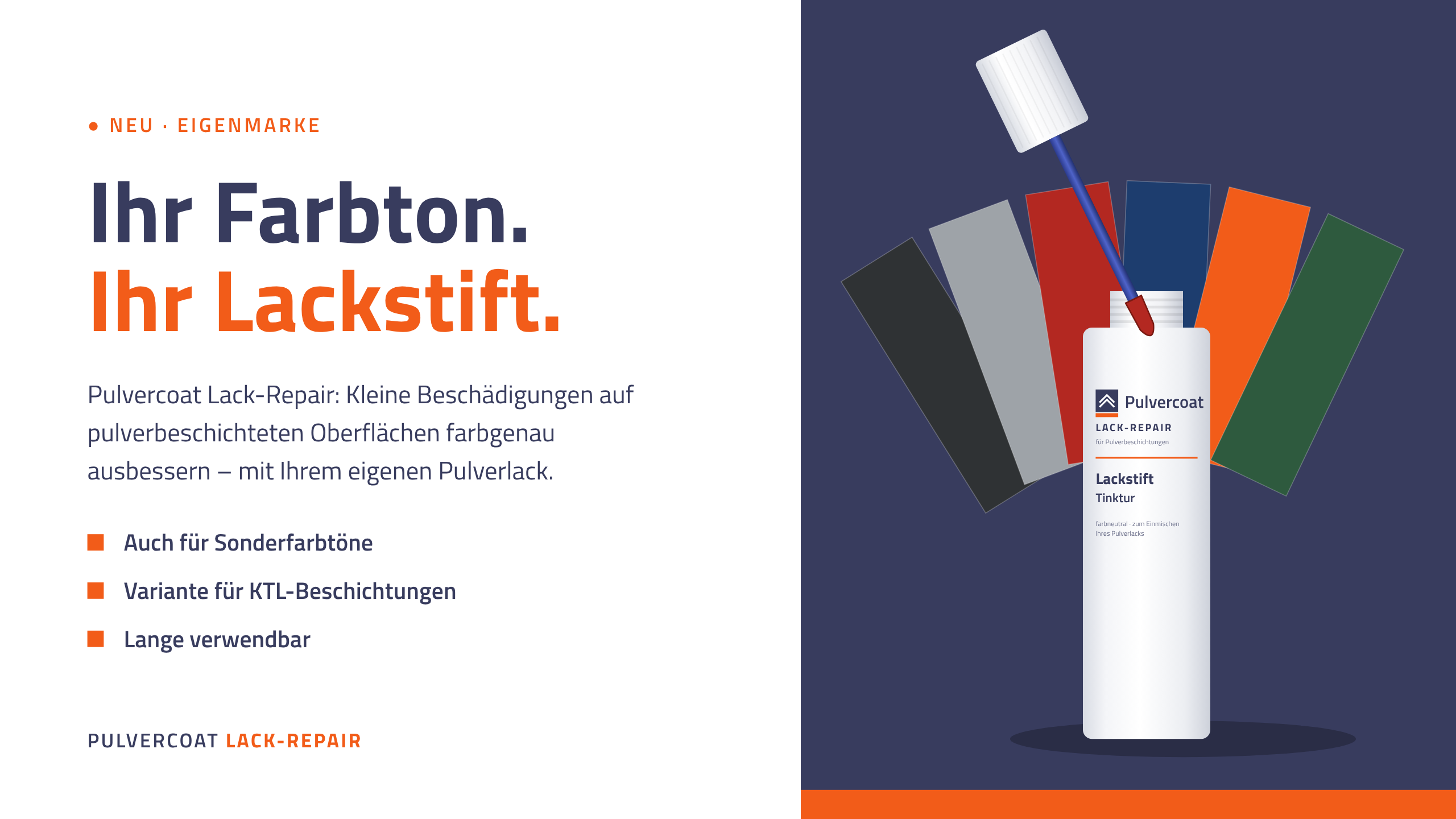 Pulvercoat Lack-Repair: Lackstift mit Pinsel vor einem Fächer aus Farbtönen